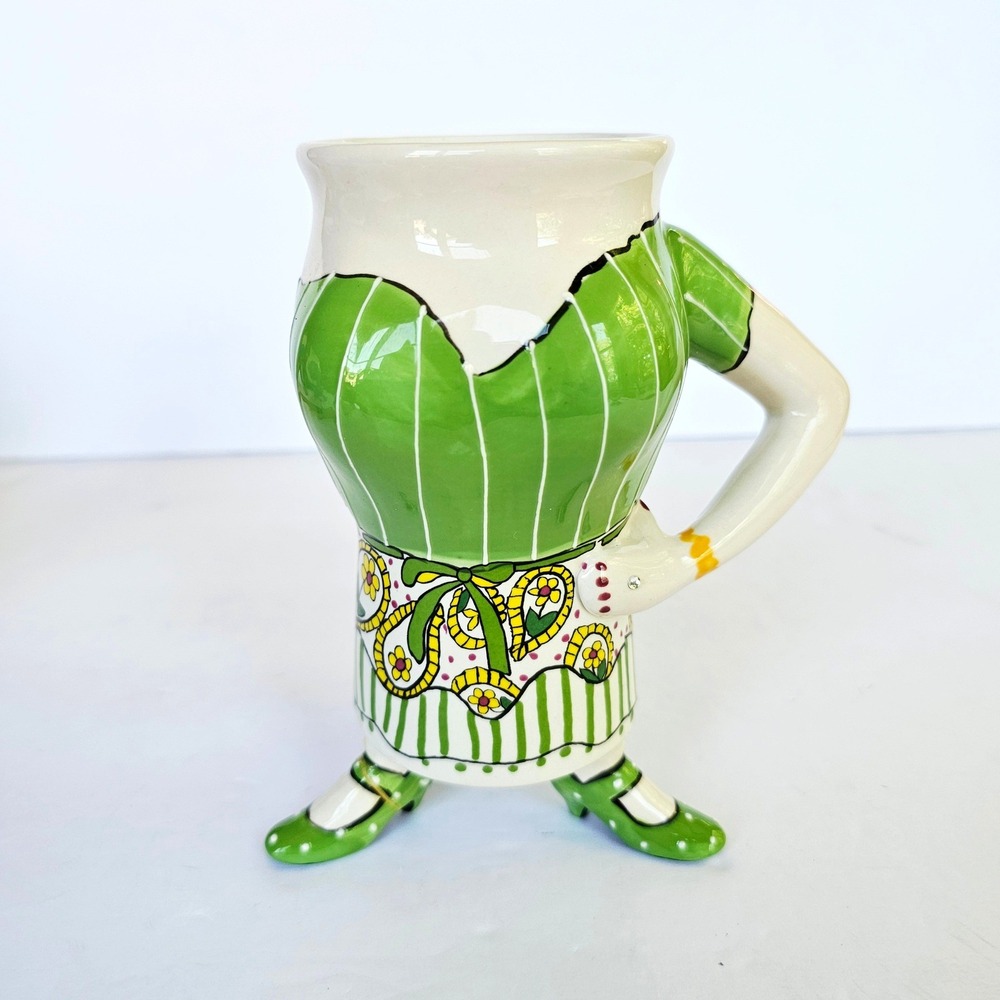 Blue Sky Whimsical Woman Green Striped Dress 3 Legs Novelty Ceramic Mug Kitsch